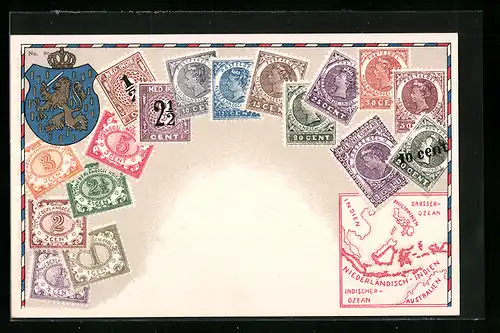 Künstler-AK Briefmarken von Niederländisch-Indien, Wappen