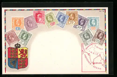 Lithographie bunte Briefmarken aus Ceylon mit Wappen und Landkarte