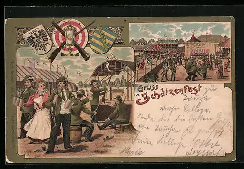 Lithographie Gruss vom Schützenfest, Wappen von Sachsen und Preussen