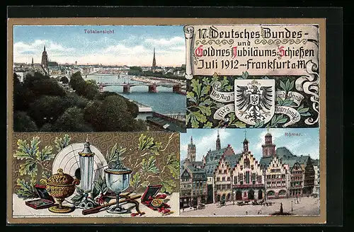 AK Frankfurt, 17. Deutsches Bundesschiessen 1912, Totalansicht d. Ortes, Römer, Wappen, Reichsadler, Schützenverein