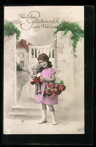 AK Mädchen mit Puppe und Blumenkorb