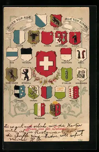 AK Schweiz, Wappen von Bern, Vaud u. Appenzell