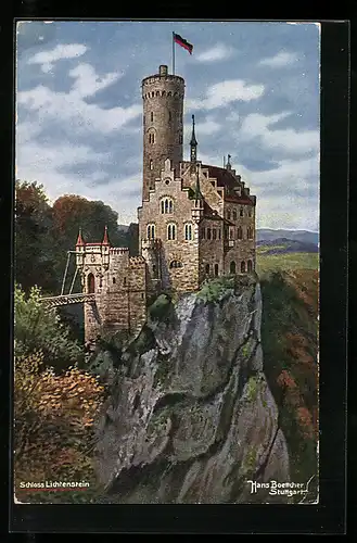 Künstler-AK Hans Boettcher: Schloss Lichtenstein in der Morgendämmerung