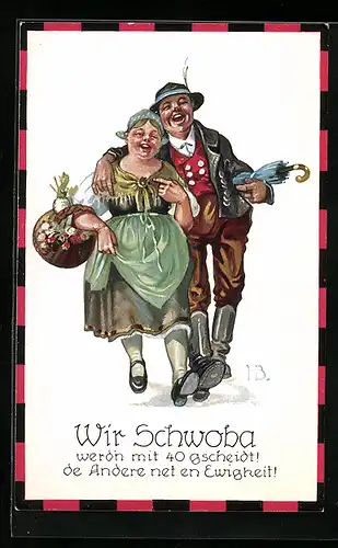 Künstler-AK Hans Boettcher: Wir Schwoba werden mit 40 gscheidt!, Schwaben kehren vom Markt zurück