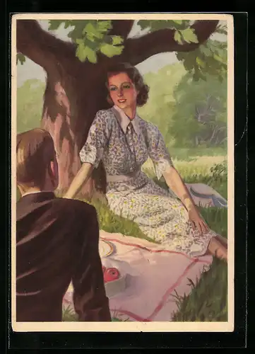 AK Herr und Dame sitzen unter einem Baum, Reklame für Indanthren