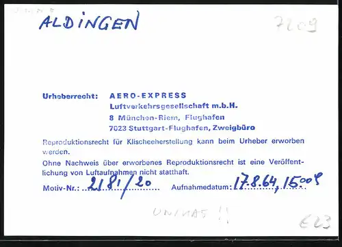 Fotografie Aero-Express, München, Ansicht Aldingen, Fliegeraufnahme der Ortschaft