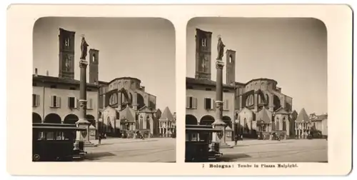 Stereo-Fotografie NPG, Berlin, Ansicht Bologna, Tombe in Piazza Malpighi, Strassenbahn