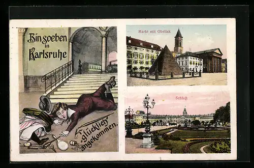 AK Karlsruhe, Markt mit Obelisk, Schloss, Bahnhof