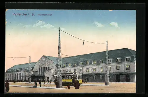 AK Karlsruhe, Hauptbahnhof und Strassenbahn