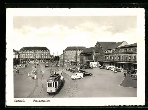 AK Karlsruhe, Bahnhofsplatz, Strassenbahn