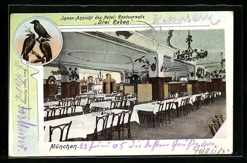 AK München, Innenansicht des Hotel-Restaurants Drei Raben Schillerstrasse 6