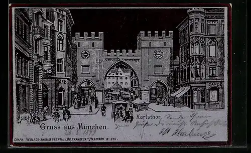Metallfolie-AK München, Passanten vor dem Karlsthor