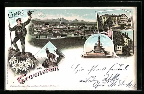 Lithographie Traunstein, Bad Empfing, Bad Traunstein und Luitpold-Brunnen