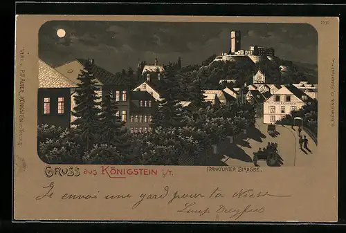 Lithographie Königstein / Taunus, Frankfurter Strasse mit Gasthof Stadt Wiesbaden und Ruine
