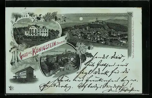 Mondschein-Lithographie Königstein /Taunus, Dr. Amelung`s Kuranstalt, Frankfurter Strasse und Feldberghaus
