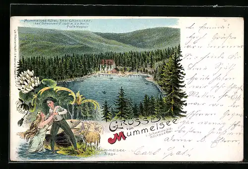 Lithographie Mummelsee, Seepartie am Mummelsee-Hotel mit der Mummelsee-Sage