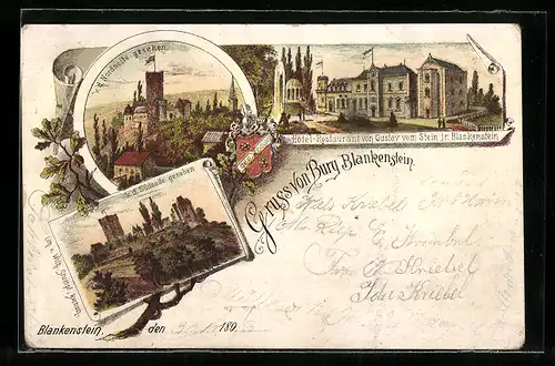 Lithographie Blankenstein, Burg Blankenstein, Hotel-Restaurant v. Gustav vom Stein jr., V. d. Nord- und Südseite gesehen