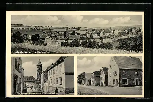AK Hornbach / Pfalz, Gesamtansicht aus der Vogelschau, Alte Schule & Turm der ev. Kirche, Strassenpartie