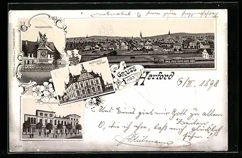 Lithographie Herford, Kaiserliches Postamt, Kriegerdenkmal und Bürger-Verein