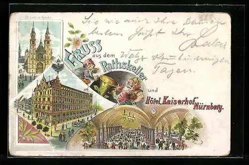 Lithographie Nürnberg, Hôtel Kaiserhof, Inneres Gasthaus Ratskeller, St. Lorenz Kirche