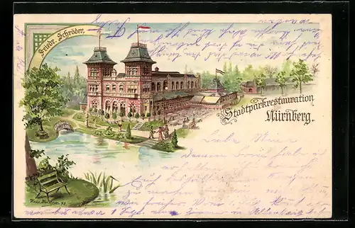Lithographie Nürnberg, Blick auf Stadtparkrestaurant Friedrich Schröder beim Fluss