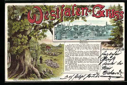 Lithographie Bochum, Stadtansicht und Westfalenlied