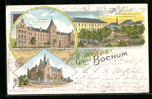 Lithographie Bochum, Gymnasium m. d. Bismarckdenkmal, Ständehaus und Amtsgericht