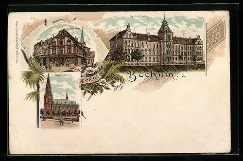 Lithographie Bochum, Marienkirche, Kortum Haus und Gymnasium