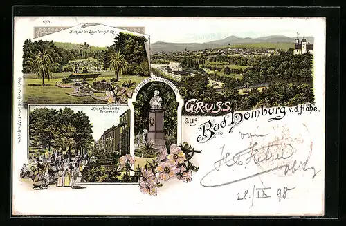 Lithographie Bad Homburg v. d. Höhe, Totalansicht mit Kaiser Friedrich Promenade