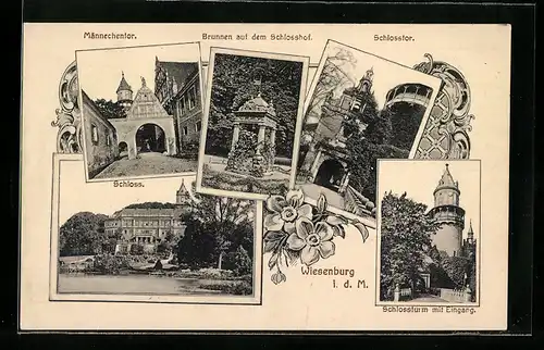 AK Wiesenburg i. d. M., Schloss, Schlosstor, Brunnen auf dem Schlosshof