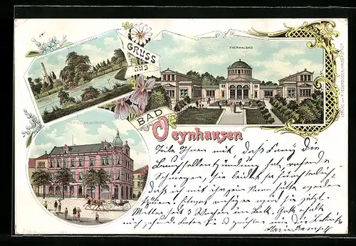Lithographie Bad Oeynhausen, Hotel Kaiserhof, Goldfischteich, Thermalbad
