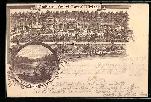 Lithographie Berlin-Zehlendorf, Blick auf Onkel Tom's Hütte, Riemeister-See im Grunewald