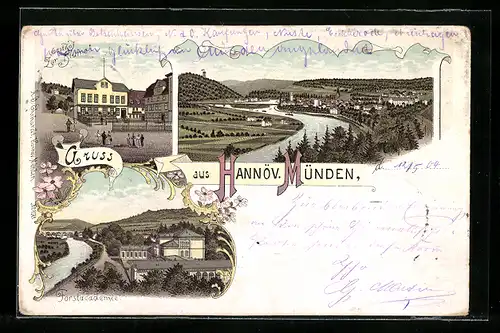 Lithographie Hannöv. Münden, Gasthof Zur Blume, Forstacademie und Panorama