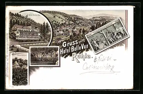 Lithographie Ruhla, Hotel Belle-Vue, Relief an der Landgrafenschmiede, Dichterhain
