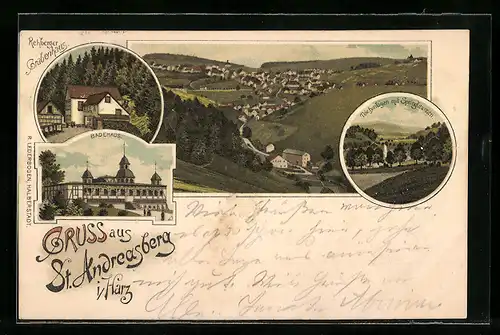Lithographie St. Andreasberg /Harz, Rehberger Grabenhaus, Badehaus und Teichanlagen mit Springbrunnen