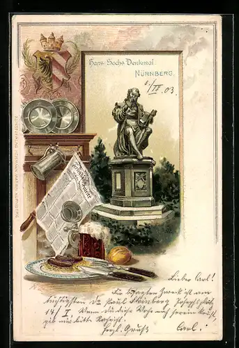 Passepartout-Lithographie Nürnberg, Hans-Sachs-Denkmal, Stilleben mit Zeitung und Würstchen, Wappen