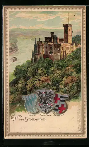 Passepartout-Lithographie Stolzenfels am Rhein, Totale mit Rhein, Wappen