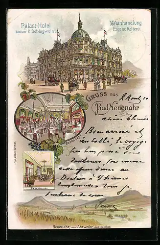 Lithographie Bad Neuenahr, Palast-Hotel u. Weinhandlung von P. Schlagwein, Innenansichten Restaurant und Lesezimmer