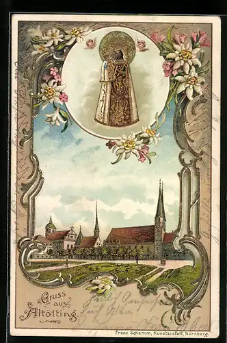 Präge-Lithographie Altötting, Ortspartie mit Kirche, Gnadenbild