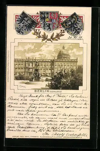 Passepartout-Lithographie Berlin, Blick auf das Schloss, Wappen