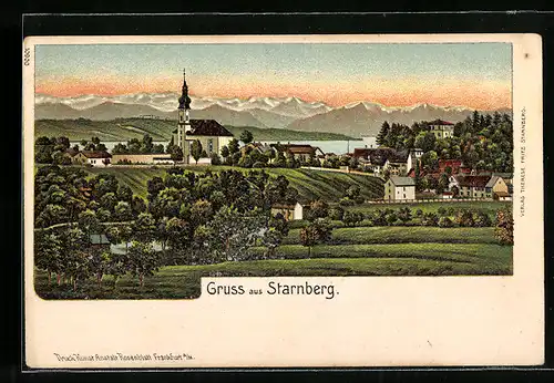 Lithographie Starnberg, Ortspartie mit Kirche