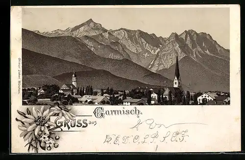 Lithographie Garmisch, Teilansicht mit Kirche