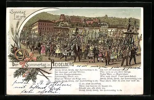 Lithographie Heidelberg, Der Sommertag, Parade und Gedicht