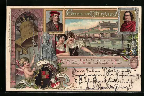 Lithographie Würzburg, Stadtansicht, Engel läutet Glocke, St. Kilian, Portrait Riemenschneider & Tiepolo