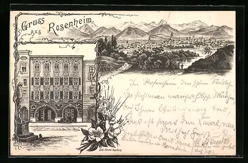 Lithographie Rosenheim, Teilansicht, Strassenpartie mit Brunnen