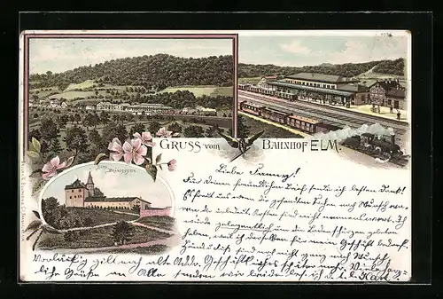 Lithographie Elm, Ortspartie, Burg Brandenstein, Bahnhof