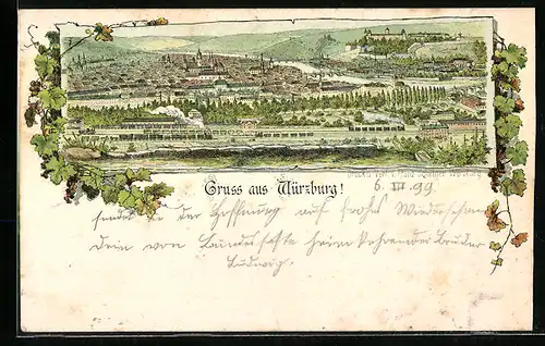 Lithographie Würzburg, Panorama der Stadt