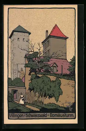 Steindruck-AK Villingen /Schwarzw., Romäusturm mit Statue