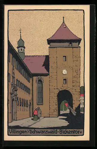 Steindruck-AK Villingen i. Schwarzwald, Blick auf Bickentor