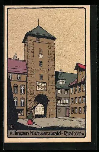 Steindruck-AK Villingen /Schwarzw., Riettor mit Passantin